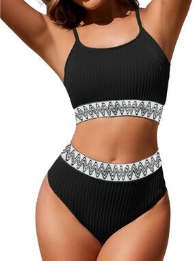 🚘 🆕 Ribbed Black High-Waist Zuvebamyo Two-Piece Bikini with Contrast Band size S